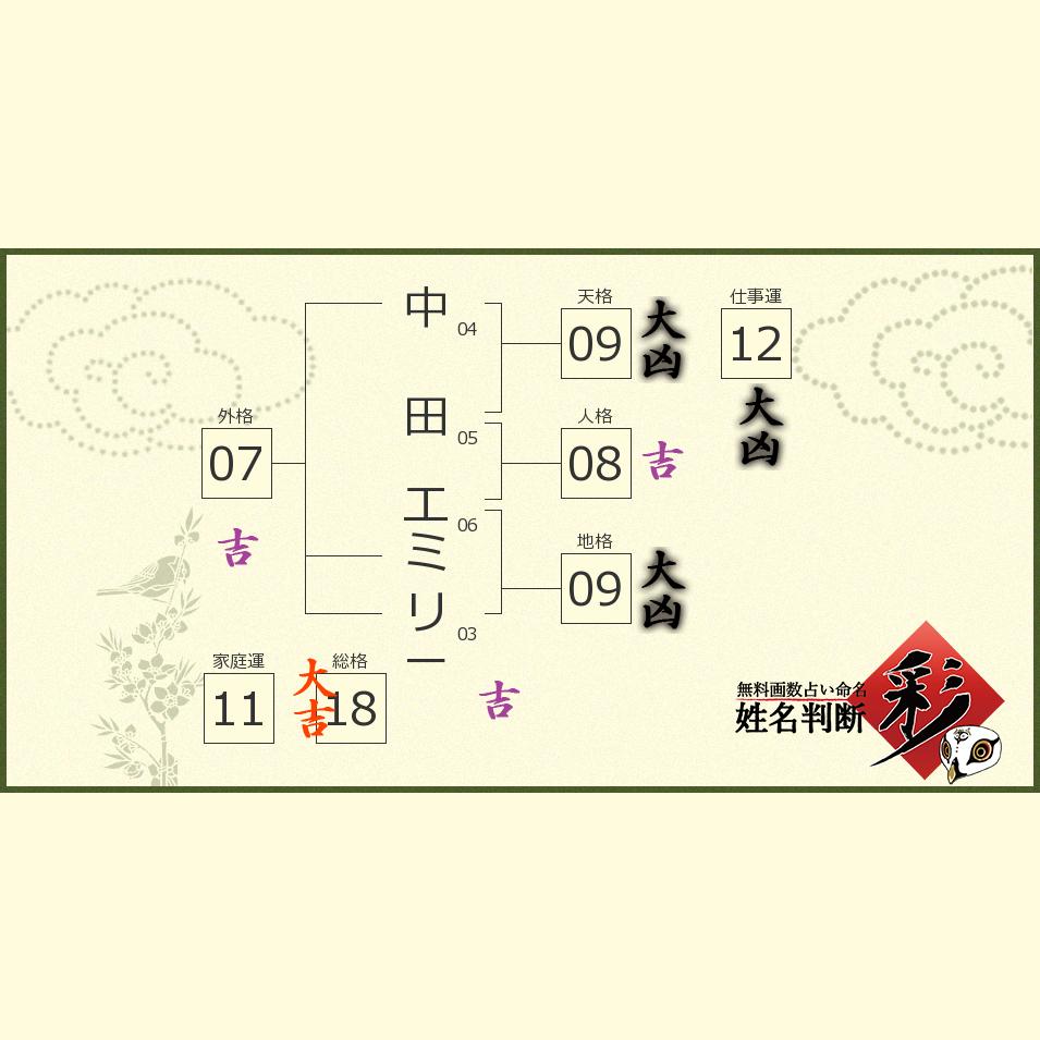 中田 エミリーさんの診断結果 姓名判断 彩